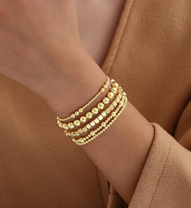 Gold Beaded Bracelets for Women, 14K Real Gold Plated Jewelry for Women Dainty Pearl Bead Bracelets Stack, Non Tarnish Trendy Stackable Ball Cross Stretch Bracelet Set Fashion Accessories Gifts