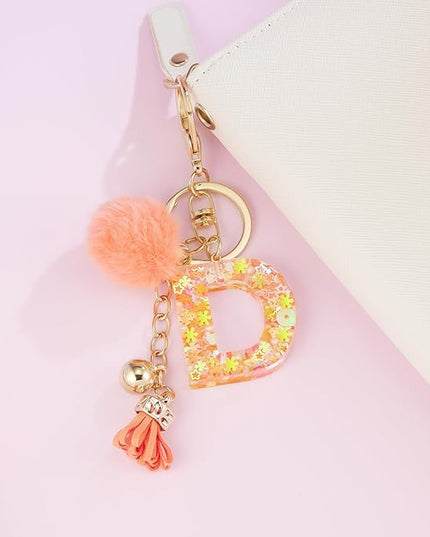 Resin Alphabet Initial Letter Keychain Keyring for Women Purse Handbags With Fur Ball Pom