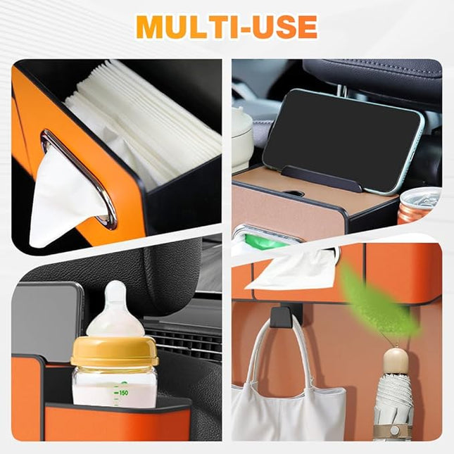 Back Seat Car Organizer,3-in-1 Car Backseat Storage Box with Cup Holder,Tissue Box,Trash Bin&Hooks,Multifunctional Waterproof Storage for Hold Phones Snacks Drinks Handbags (2, Brown)
