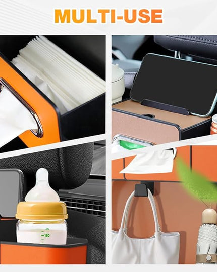 Back Seat Car Organizer,3-in-1 Car Backseat Storage Box with Cup Holder,Tissue Box,Trash Bin&Hooks,Multifunctional Waterproof Storage for Hold Phones Snacks Drinks Handbags (1, Orange)