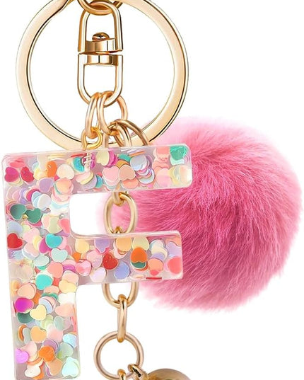 Resin Alphabet Initial Letter Keychain Keyring for Women Purse Handbags With Fur Ball Pom