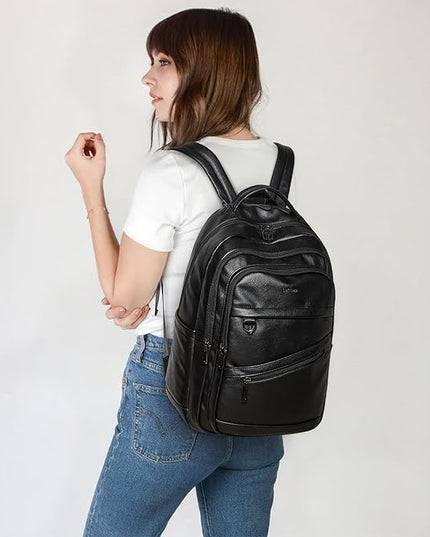 43L Backpack for Women Men - Vegan Leather Backpack Purse Travel Carry-on Bag College Bookbag Work fits 17" Laptop, Black