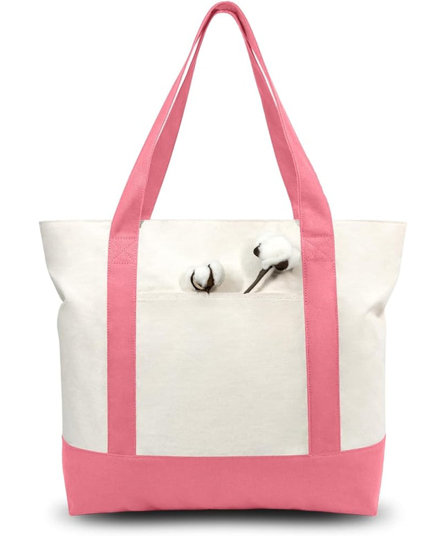 TOPDesign 1-Pack Canvas Tote Bag with an External Pocket, Reusable Grocery Shopping Bag, Top Zipper Closure, Daily Essentials (Rose Pink/Natural)