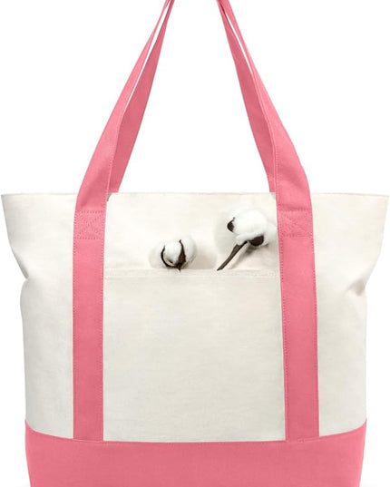 TOPDesign 6-Pack Canvas Tote Bags with an External Pocket, Reusable Grocery Shopping Bags, Top Zipper Closure, Daily Essentials (Rose Pink/Natural)