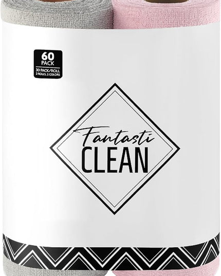 Fantasticlean Microfiber Cleaning Cloth Roll -60 Pack, Tear Away Microfiber Towels, 12" x 12", Reusable, Washable, Lint Free, Ultra Absorbent Dishcloth for All-Around Cleaning (Pink & Grey)