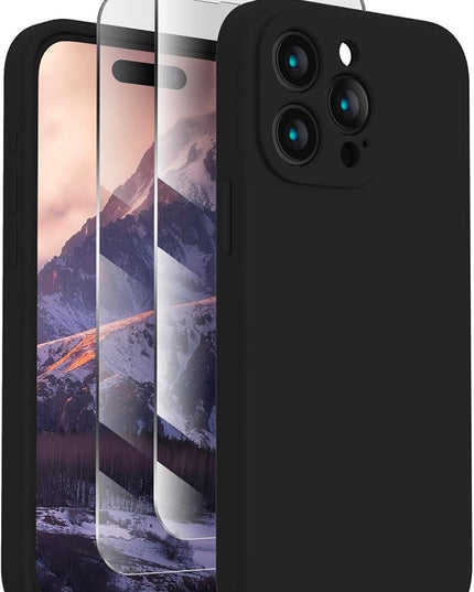 FireNova Designed for iPhone 15 Pro Max Case, Silicone Upgraded [Camera Protection] Phone Case with [2 Screen Protectors], Soft Anti-Scratch Microfiber Lining Inside, 6.7 inch, Black