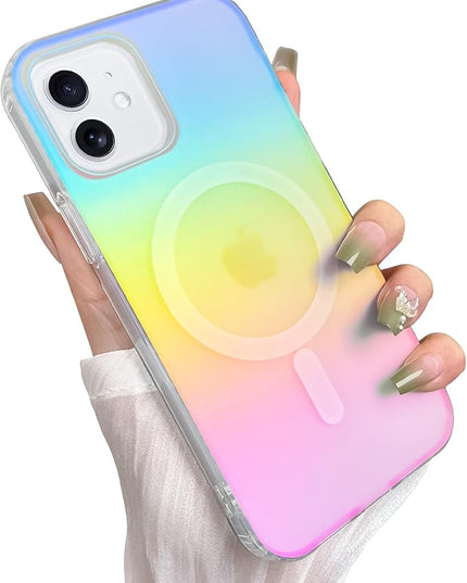 Cute Case for iPhone 12 & 12 Pro Case for Women Girls [Compatible with Magsafe] Glitter Sparkly Girly Aesthetic Rainbow Magnetic Protective Cover, Translucent Iridescent Blue & Pink