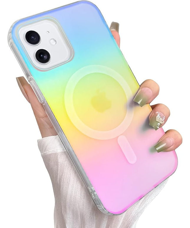 Cute Case for iPhone 12 & 12 Pro Case for Women Girls [Compatible with Magsafe] Glitter Sparkly Girly Aesthetic Rainbow Magnetic Protective Cover, Translucent Iridescent Blue & Pink