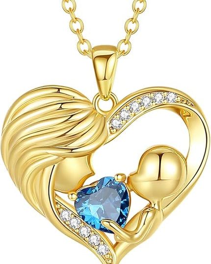 FANCIME Mom Birthstone Necklace Mother and Child Love Heart Necklace I Love You Mom Gifts Mothers Day Birthstone Jewelry Gifts for Grandmother Women Wife, 16"+2" Inches