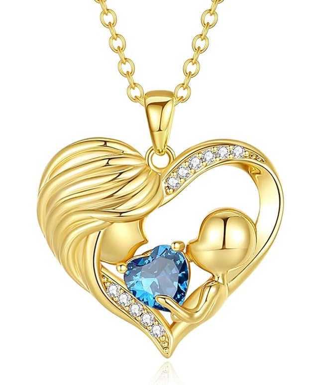 FANCIME Mom Birthstone Necklace Mother and Child Love Heart Necklace I Love You Mom Gifts Mothers Day Birthstone Jewelry Gifts for Grandmother Women Wife, 16"+2" Inches