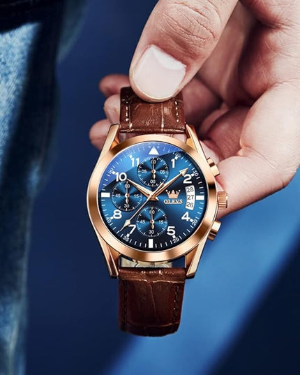 OLEVS Men's Watches Leather Strap Analog Quartz Watch, Fashion Big Dial Date Waterproof Watch, Dress Luxury Luminous Men Watches
