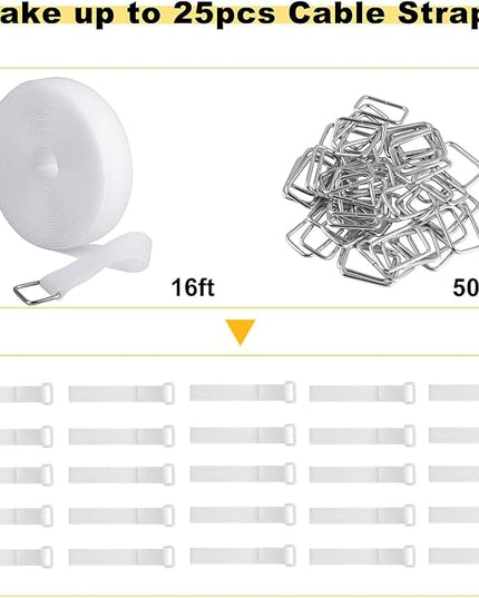 1"x16ft Hook and Loop Straps with 25 Metal Buckles, Adjustable Fastening Cable Straps, Cut-to-Length Cinch Strap, Reusable Nylon Securing Cord Ties for Organizer or Storage, 1 inch Wide, White