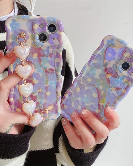 for iPhone 12 Pro Case, [Sparkling Purple Flower Oil Painting] [with Luxury Heart Bracelet] [Fashionable Wave Edge Shape] Soft TPU Drop and Shock Resistant for Women and Girls 6.1"