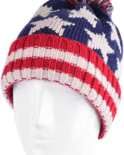 Parquet American Flag Knit Pom Beanie Ski Hat with Stars