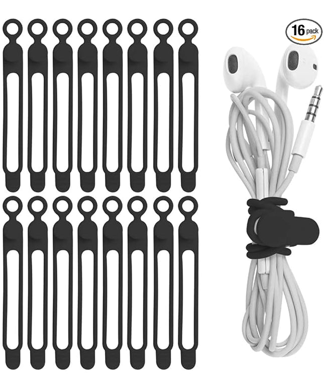Nearockle 16Pcs Silicone Cable Straps Wire Organizer for Bundling Earphone, Phone Charger, Computer Cords, Reusable Cable Ties Cord Organizer in Home,Office,Kitchen,School(Black)