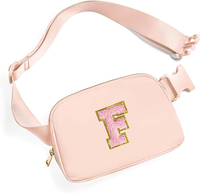 Gitus 6 7 8 9 10 Year Old Girl Gifts Belt Bag Fanny Pack Crossbody Bags with Initial Letter Patch Things for Teen Girls Easter Gifts for Girls Travel Essentials(Coral Pink-F)