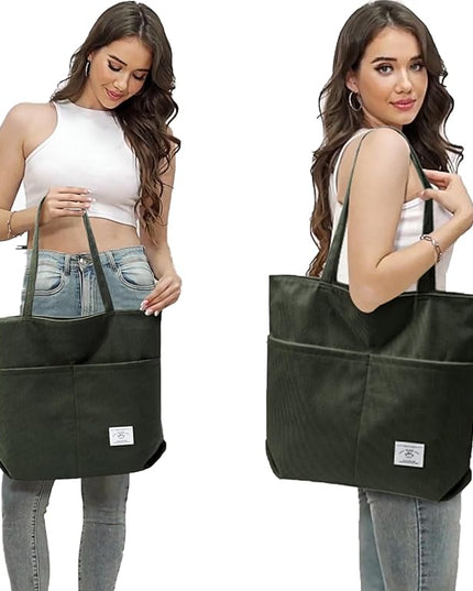 KALIDI Women Corduroy Tote Bag Zipper Casual Tote's Handbag Big Capacity Shoulder Bag with Pockets