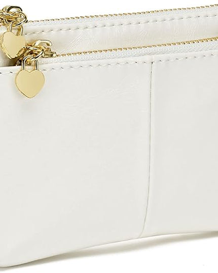 ZOOEASS Women PU Leather Zip Mini Coin Purse With Key Ring Triple Zipper Card Holder Wallet (White)