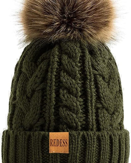 REDESS Women Winter Pompom Beanie Hat with Warm Fleece Lined, Thick Slouchy Snow Knit Skull Ski Cap
