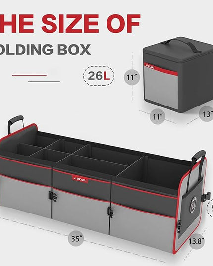 LIBZAKI Car Trunk Organizer,3 Compartments Big Trunk Storage, Large Capacity, Foldable, 95L Heavy Duty Storage Box for Car, SUV, Truck,Jeep, Includes 26L Cooler Bag-Gray&Black