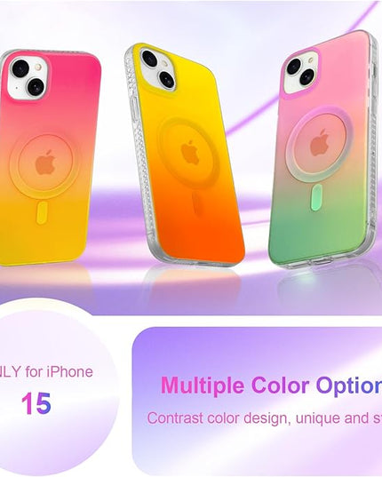 Aesthetic Case for iPhone 15 Case for Women Girls, Compatible with Magsafe, Cute Girly Trendy Glitter Sparkly Rainbow Magnetic Protective Phone Cover, Matte Iridescent Yellow & Orange