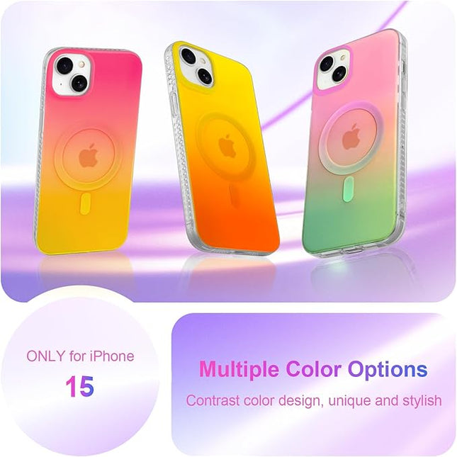 Aesthetic Case for iPhone 15 Case for Women Girls, Compatible with Magsafe, Cute Girly Trendy Glitter Sparkly Rainbow Magnetic Protective Phone Cover, Matte Iridescent Yellow & Orange