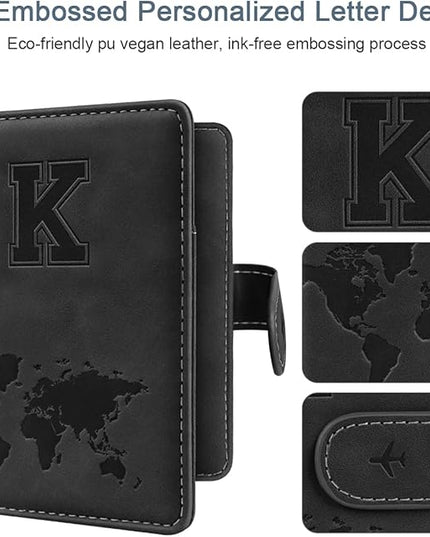 Passport Holder Wallet Cover Personalized Letter A-Z Travel Wallet RFID Blocking Passport Cover Wallet Case for Travel Passport Book Holders for Women and Men, Black-K