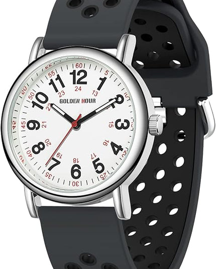 GOLDEN HOUR Waterproof Nurse Watch for Medical Professionals, Students Women Men - Military Time Luminouse Easy Read Dial, 24 Hour with Second Hand, Colorful Silicone Band