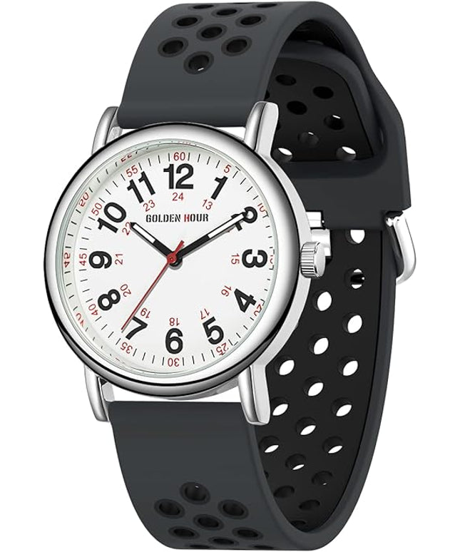 GOLDEN HOUR Waterproof Nurse Watch for Medical Professionals, Students Women Men - Military Time Luminouse Easy Read Dial, 24 Hour with Second Hand, Colorful Silicone Band