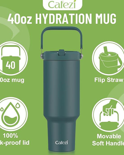 40 oz Tumbler with Handle and Straw, Vacuum Insulated Tumblers with Flip Straw and Top Handle, Reusable Insulated Cup for Home, Outdoors, Leakproof, Fits in Cup Holder, Cold for 30 Hours