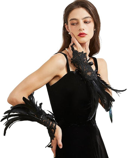 Women's Long Gothic Lace Gloves Feather Fingerless Gloves Stretch Wrist Cuffs for Wedding Party Halloween