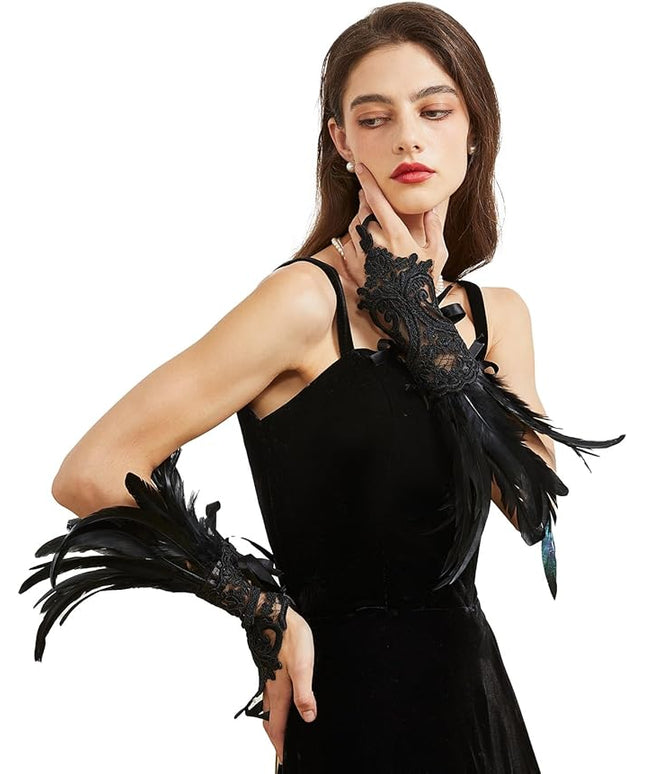 Women's Long Gothic Lace Gloves Feather Fingerless Gloves Stretch Wrist Cuffs for Wedding Party Halloween