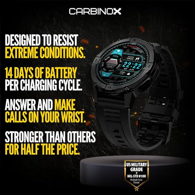 CARBINOX X-Ranger Smart Watch (Answer/Make Calls), Rugged Fitness Tracker IP69K Waterproof, Compatible with Android and iOS, 14 Days of Battery Military Durable, AMOLED Screen