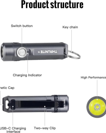 ThruNite Ti Mini Keychain Flashlight, USB-C Rechargeable EDC Pocket Light, Bright 650 Lumens Small Keychain Gadget for Camping, Everyday Carry, Indoor Outdoor Use (Grey Cool White)