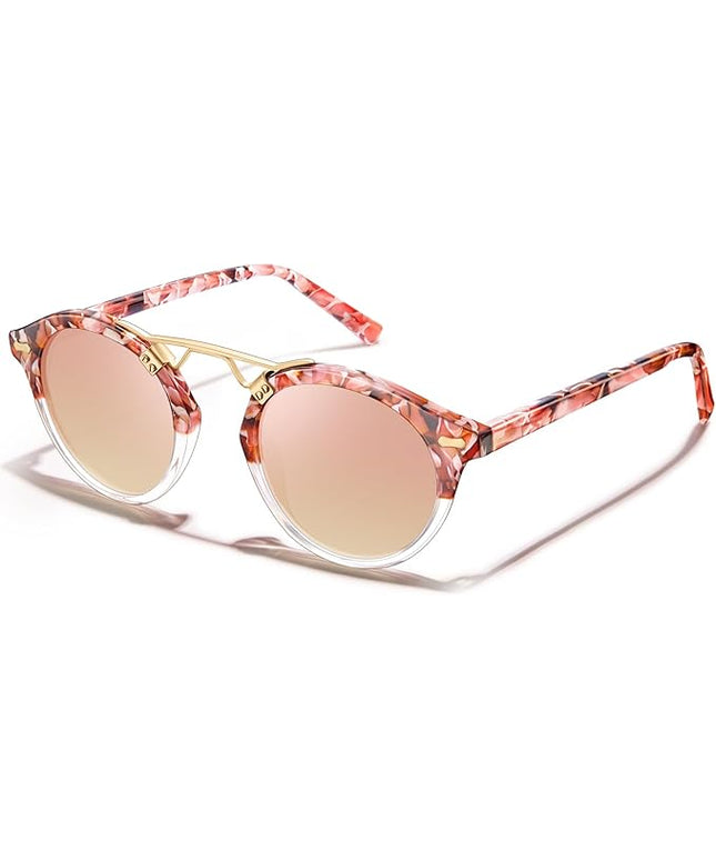 CARFIA Small Face Acetate Polarized Sunglasses for Women UV Protection, Retro Double Bridge Eyewears Metal Brow Round Sunnies