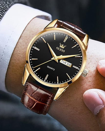 OLEVS Watches for Men Brown Leather Gold Case Analog Quartz Fashion Business Dress Watch Day Date Luminous Waterproof Casual Male Wrist Watches