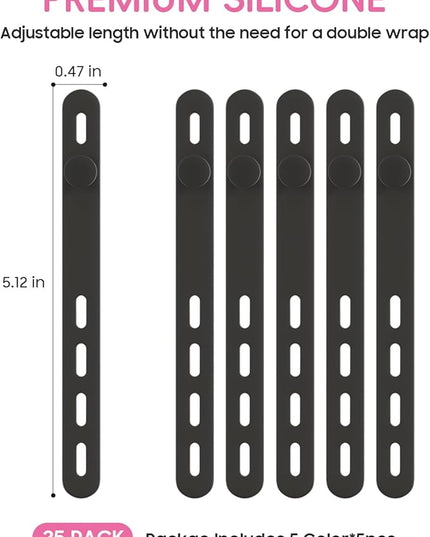 25Pack Silicone Cable Ties,Reusable Cord Organizer for Bundling Electrical Cords,Adjustable Data Cable Organizer Ties,High Elasticity Cable Straps for Home/Office/School/Travel(Black)