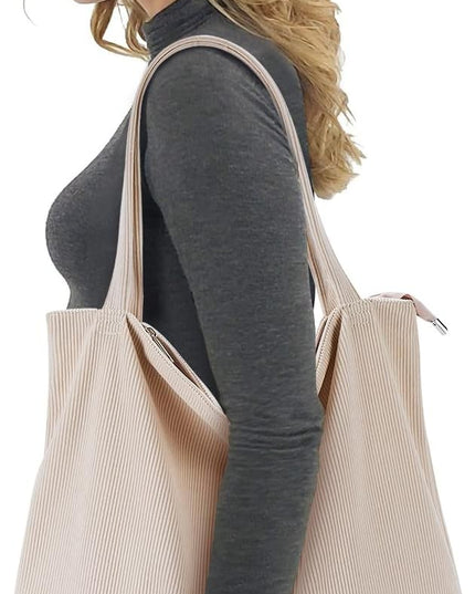 KALIDI Women Corduroy Tote Bag Zipper Casual Tote's Handbag Big Capacity Shoulder Bag with Pockets