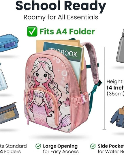 Kids Backpack for Boys and Girls, Kindergarten School Bag with Chest Strap (Pink Mermaid, 14 Inch)