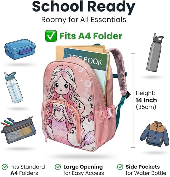 Kids Backpack for Boys and Girls, Kindergarten School Bag with Chest Strap (Pink Mermaid, 14 Inch)