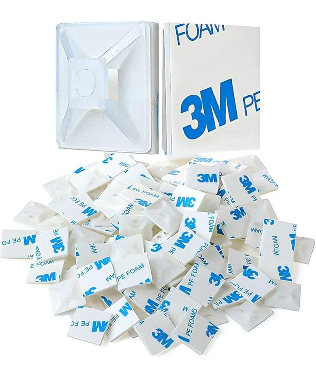 XHF 100 PCS 1.1" White Self Adhesive Cable Zip Tie Mounts Wire Cable Clips Holders Management Anchors Organizer Holders Squares(HS-102)
