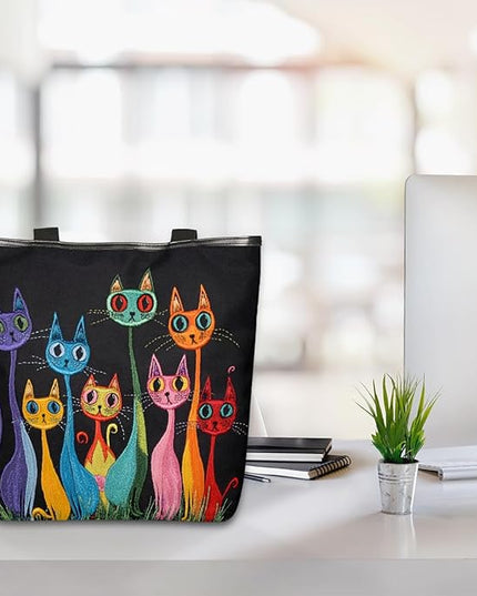 Pardick Canvas Tote Bags, Cute Funny Cats Tote Bag Eco Friendly Reusable Grocery Shopping Bagsfor Beach, Books, Women with Zipper Inner Pocket