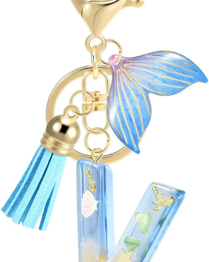 Initial letter Keychains for Women, Ocean Series Avowing Protect Earth Environment, Tassel Cute Car Keychain Initial Key Chain Keyring for Bookbag Handbag Backpack Charm Key Ring Unisex (Letter V)