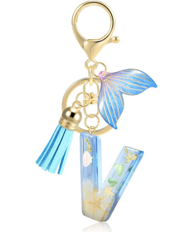 Initial letter Keychains for Women, Ocean Series Avowing Protect Earth Environment, Tassel Cute Car Keychain Initial Key Chain Keyring for Bookbag Handbag Backpack Charm Key Ring Unisex (Letter V)