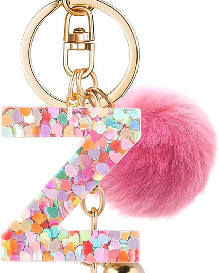 Resin Alphabet Initial Letter Keychain Keyring for Women Purse Handbags With Fur Ball Pom