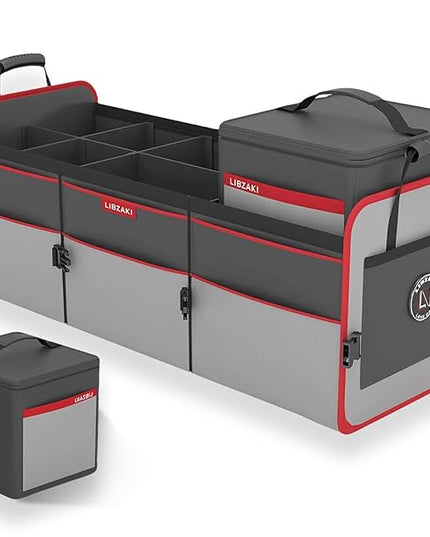 LIBZAKI Car Trunk Organizer,3 Compartments Big Trunk Storage, Large Capacity, Foldable, 95L Heavy Duty Storage Box for Car, SUV, Truck,Jeep, Includes 26L Cooler Bag-Gray&Black