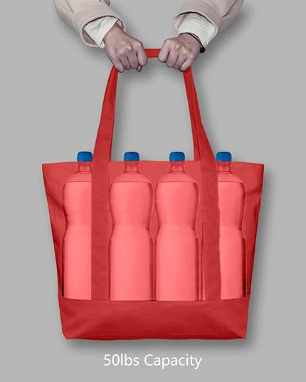 TOPDesign 3-Pack Canvas Tote Bags with an External Pocket, Reusable Grocery Shopping Bags, Top Zipper Closure, Daily Essentials (Red)