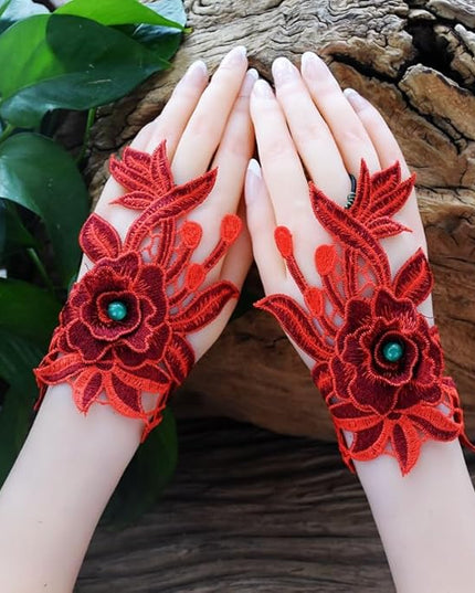 Specell Embroidered Flowers Lace Fingerless Gloves - for Bridal Wedding Cocktail Tea Party Evening Prom Costumes Cosplay