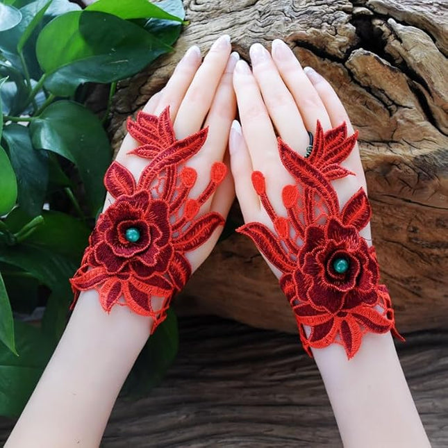 Specell Embroidered Flowers Lace Fingerless Gloves - for Bridal Wedding Cocktail Tea Party Evening Prom Costumes Cosplay
