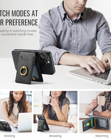 Mizi 3-in-1 Mag Safe Wallet with Stand & Ring Grip, Strong Magnetic Vegan Leather Card Holder, RFID Blocking, Holds 5 Cards, for iPhone 17/16/15/14/13/12 Series (Not for 13/12 Mini) - Black